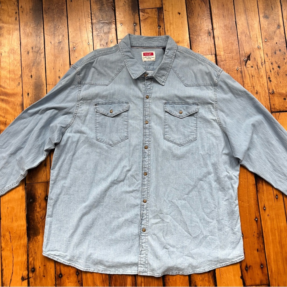 Wrangler Men’s 3XL Light Wash Denim Western Cowboy Blue Pearl Snap Shirt Ranch